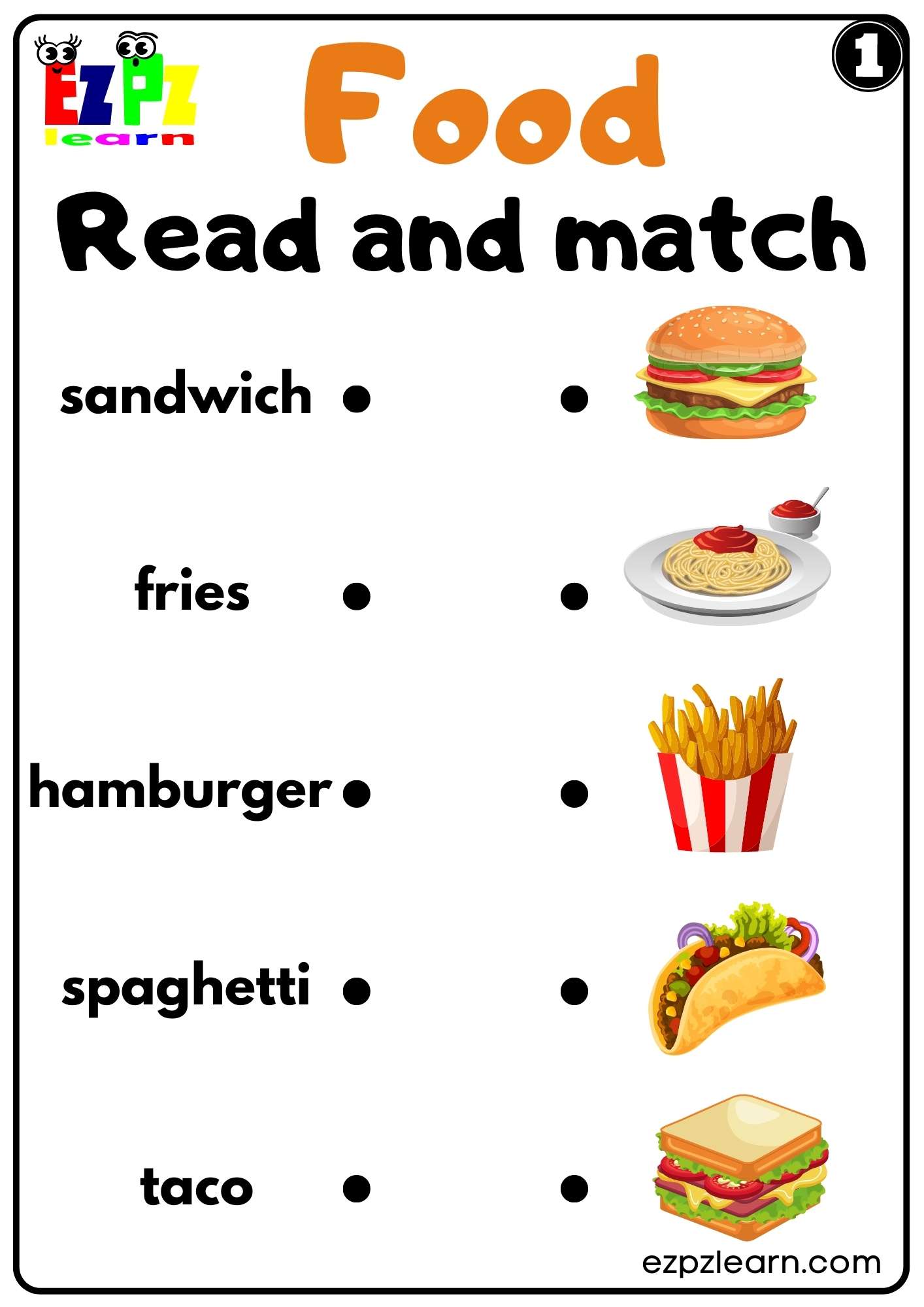 Food Read and Match Worksheet for ESL and Kindergarten K5 Set 1 Free ...
